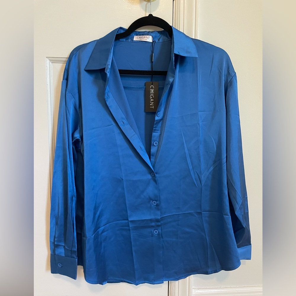 Chigant Royal Blue Silk Button Down